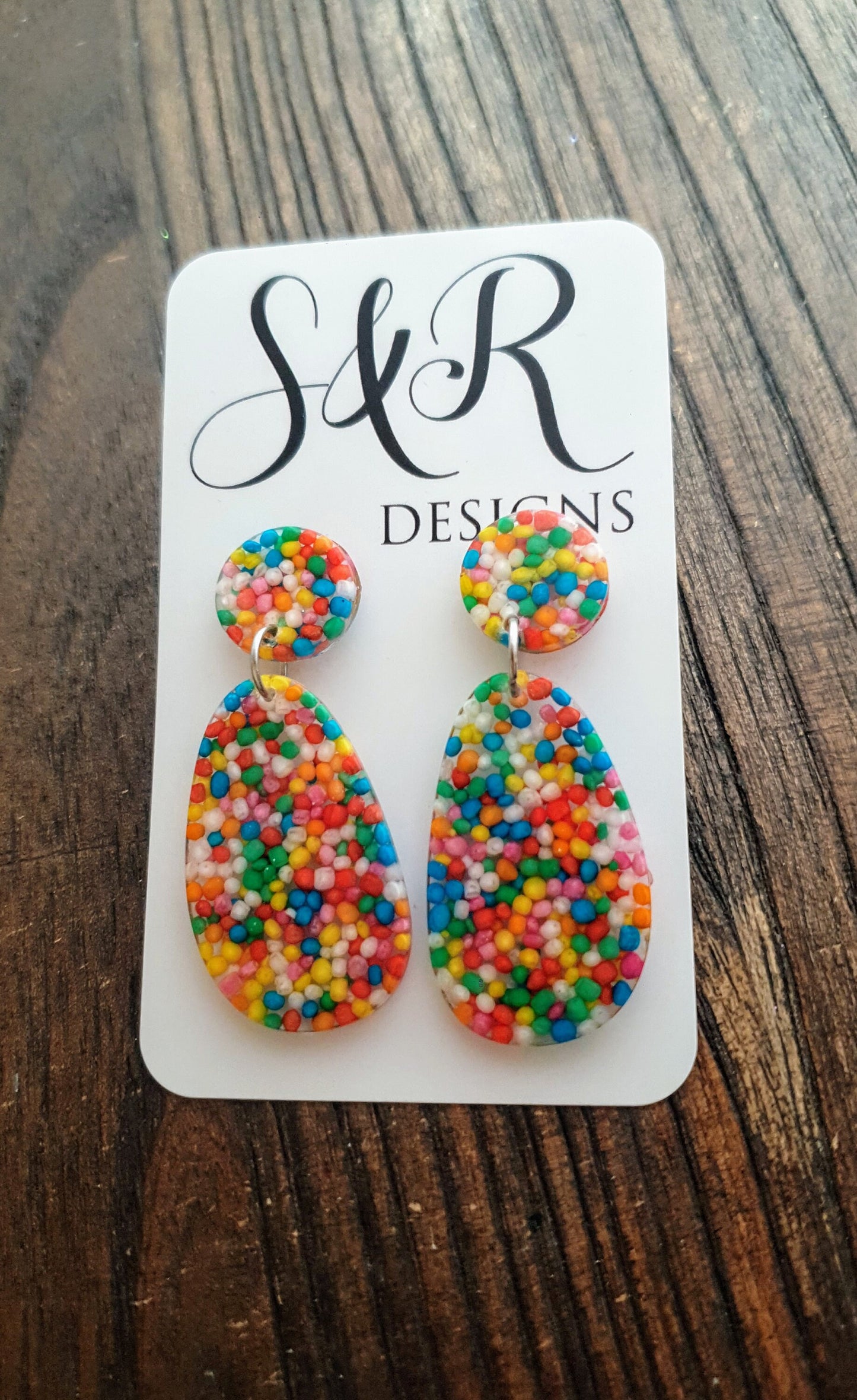 Statement Oval Organic Shape Drop Earrings, 100s and 1000s Multicoloured, Resin Handmade, Stainless Steel. Personalised Gift Custom Colours
