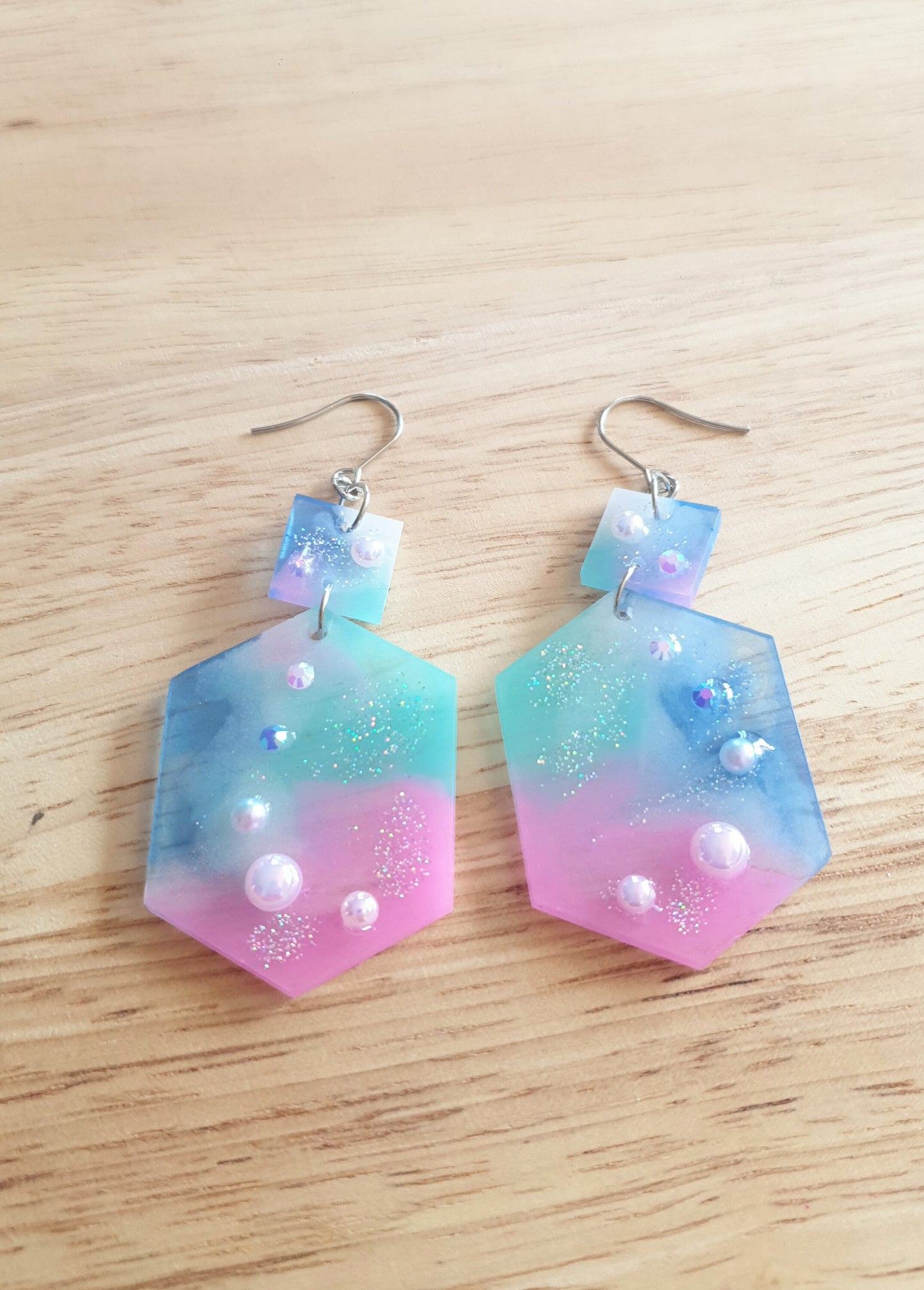 Statement Pearl Earrings, Rhinestones Hexagon Square Dangle Drop Hook Earrings, Blue, Teal, Pink and White Glitter Resin Handmade Studs
