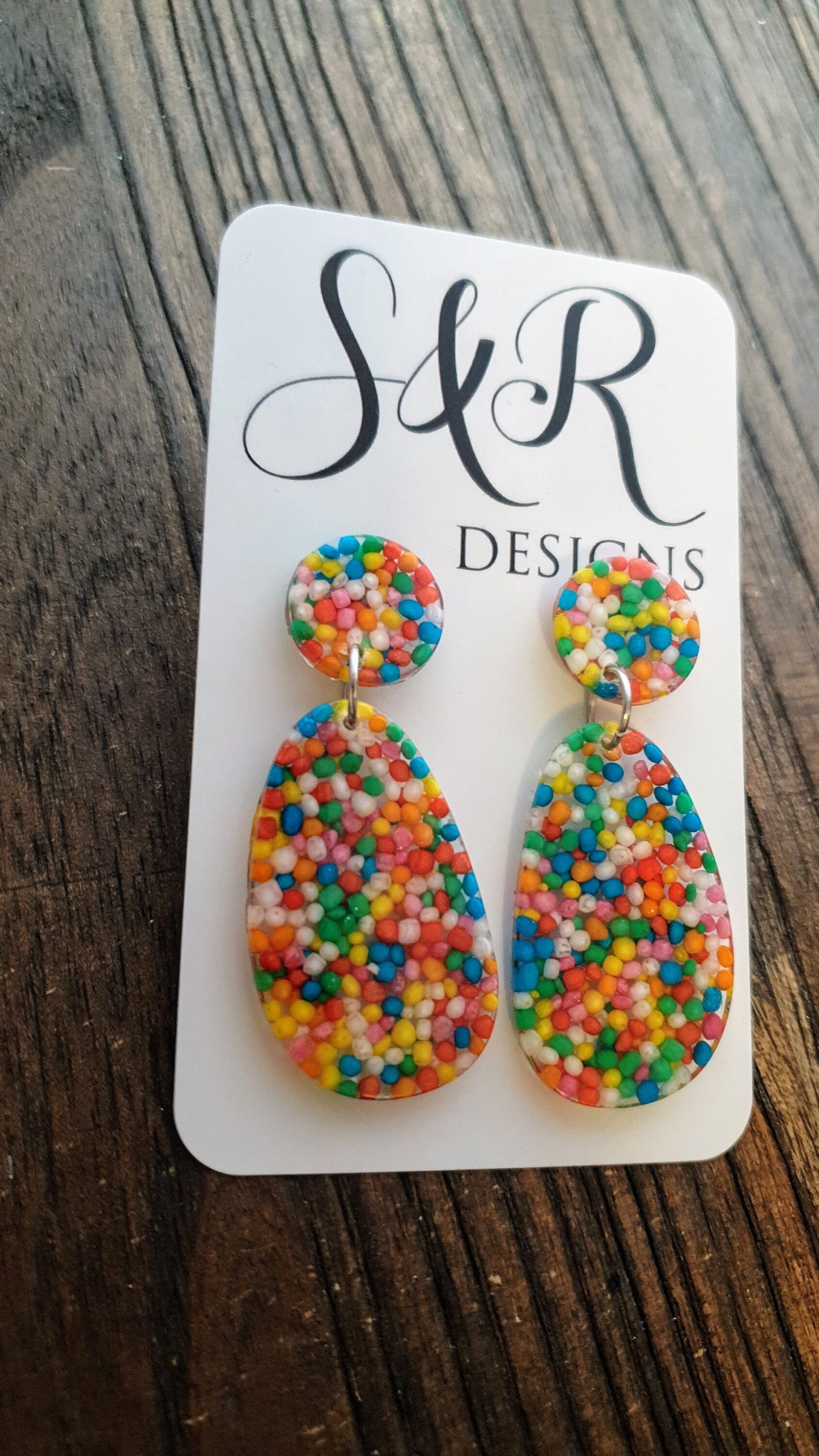 Statement Oval Organic Shape Drop Earrings, 100s and 1000s Multicoloured, Resin Handmade, Stainless Steel. Personalised Gift Custom Colours