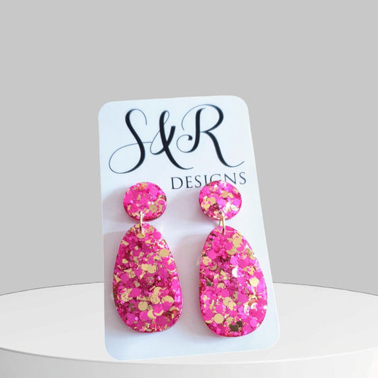 Oval Organic Shape Drop Glitter Earrings, Pink and Light Gold Mix Glitter, Resin Handmade, Stainless Steel. Statement Gift