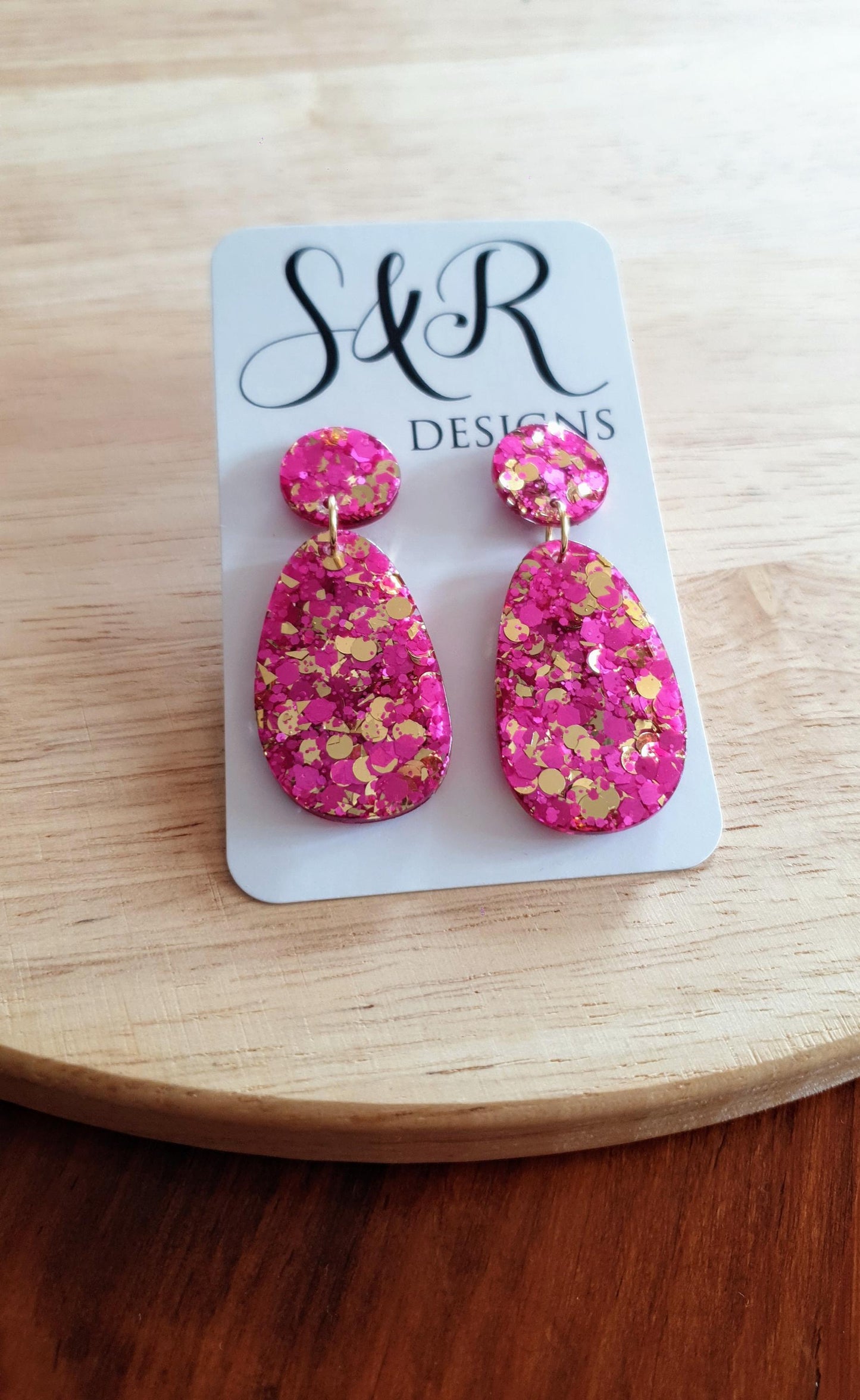 Oval Organic Shape Drop Glitter Earrings, Pink and Light Gold Mix Glitter, Resin Handmade, Stainless Steel. Statement Gift