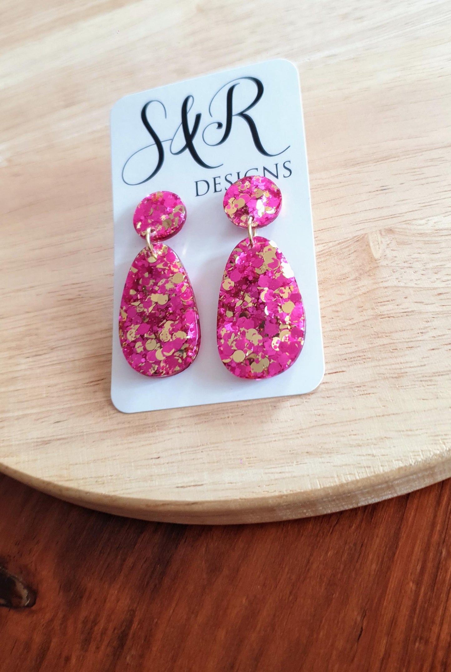Oval Organic Shape Drop Glitter Earrings, Pink and Light Gold Mix Glitter, Resin Handmade, Stainless Steel. Statement Gift