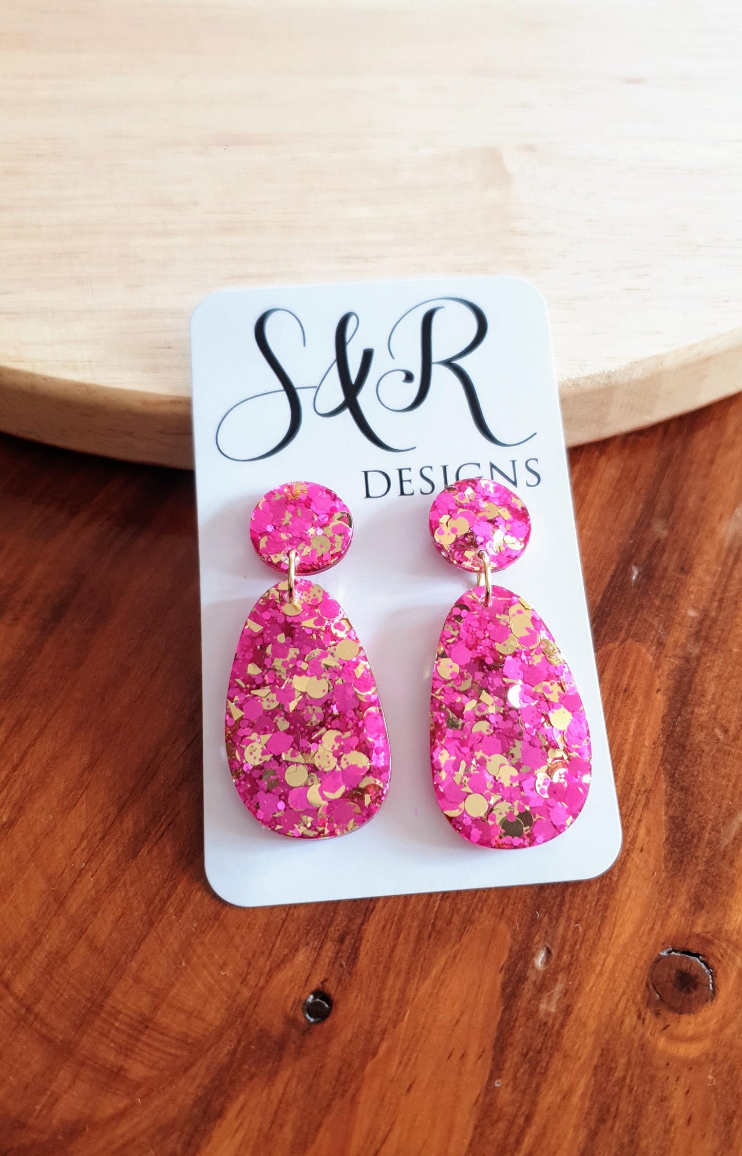 Oval Organic Shape Drop Glitter Earrings, Pink and Light Gold Mix Glitter, Resin Handmade, Stainless Steel. Statement Gift