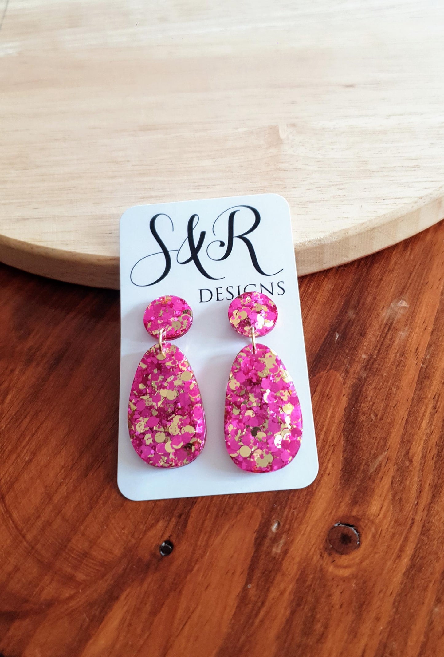 Oval Organic Shape Drop Glitter Earrings, Pink and Light Gold Mix Glitter, Resin Handmade, Stainless Steel. Statement Gift