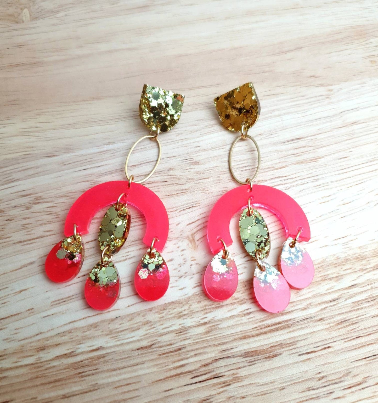 Large Oversized Neon Glitter Chandelier Dangle Earrings, Neon Hot Pink and Gold Glitter Dangles, Statement Long Earrings