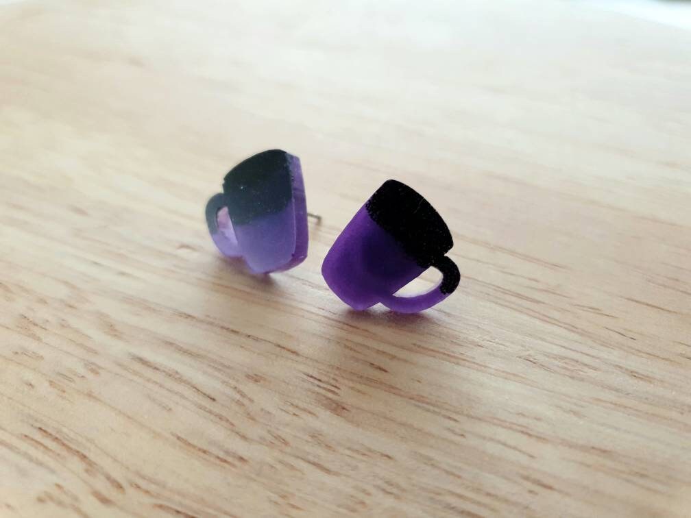 Coffee Cup Stud Earrings, Black and Purple Coffee Mug Cup Earrings, Coffee Lovers, Stainless Steel Studs