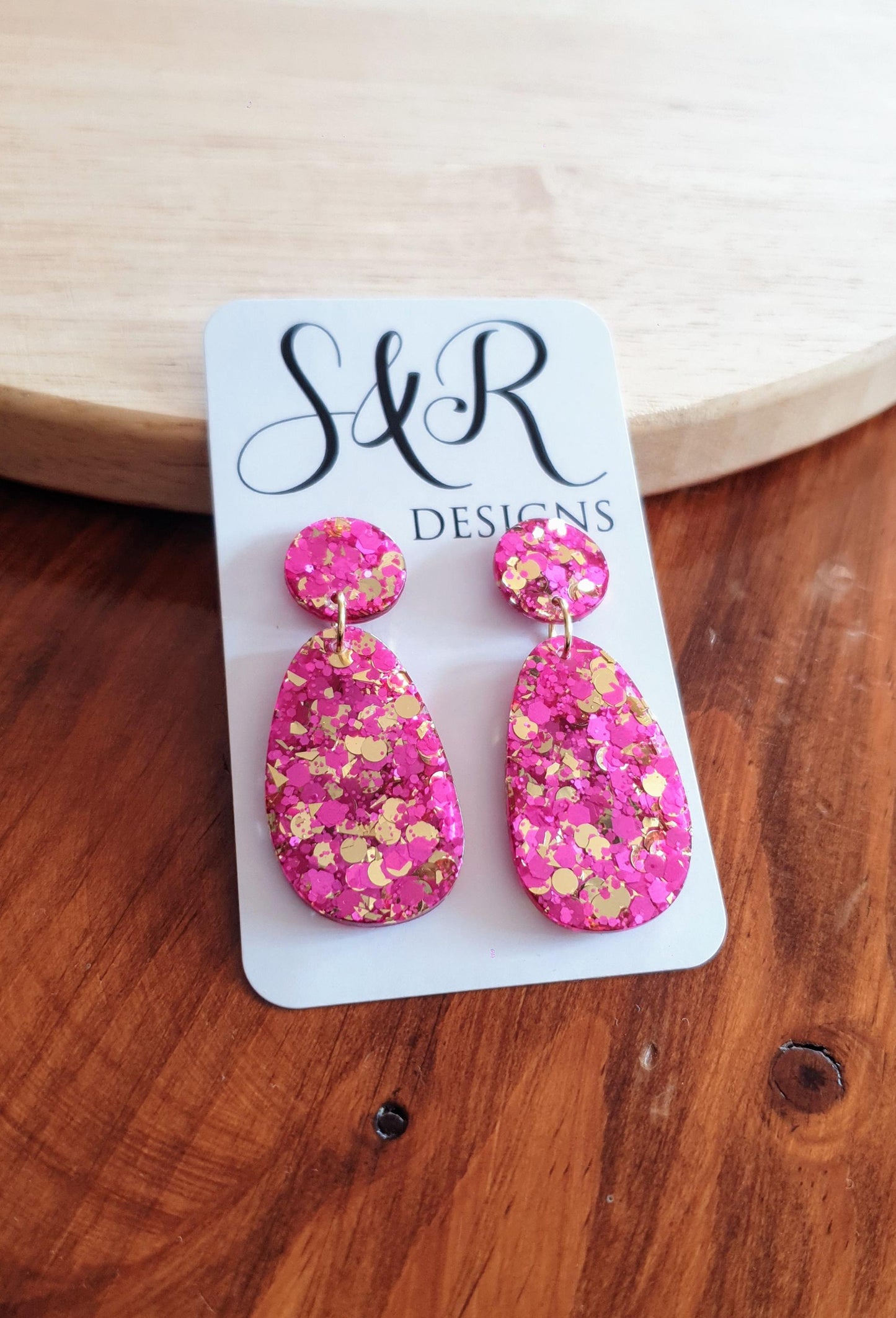 Oval Organic Shape Drop Glitter Earrings, Pink and Light Gold Mix Glitter, Resin Handmade, Stainless Steel. Statement Gift