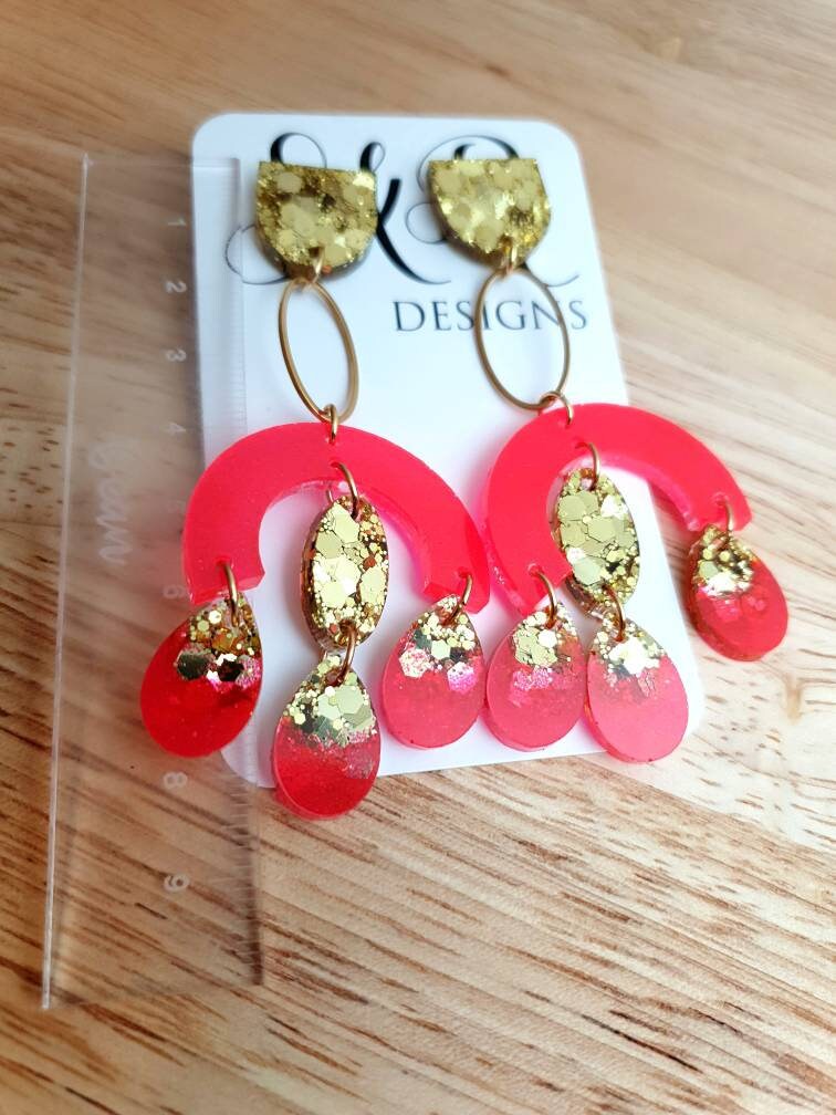 Large Oversized Neon Glitter Chandelier Dangle Earrings, Neon Hot Pink and Gold Glitter Dangles, Statement Long Earrings