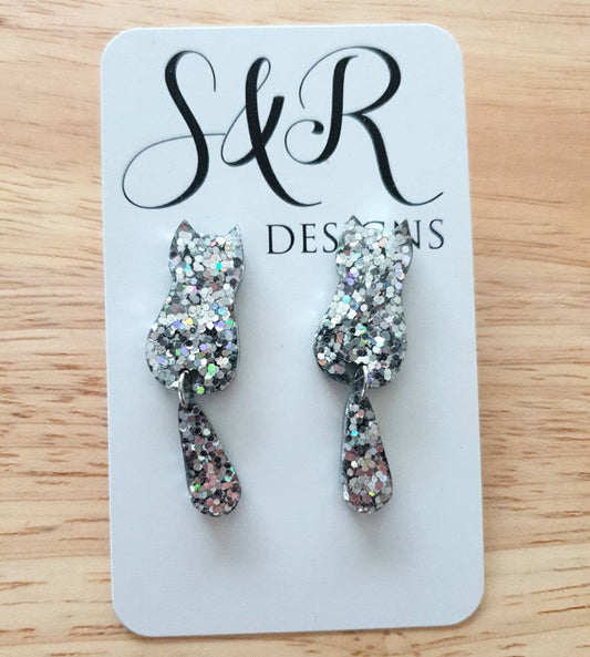 Silver Holographic Cat Dangle Earrings, Cat with Moving Tail Long Earrings, Silver Glitter Resin Earrings, Cat Earrings Stainless Steel.