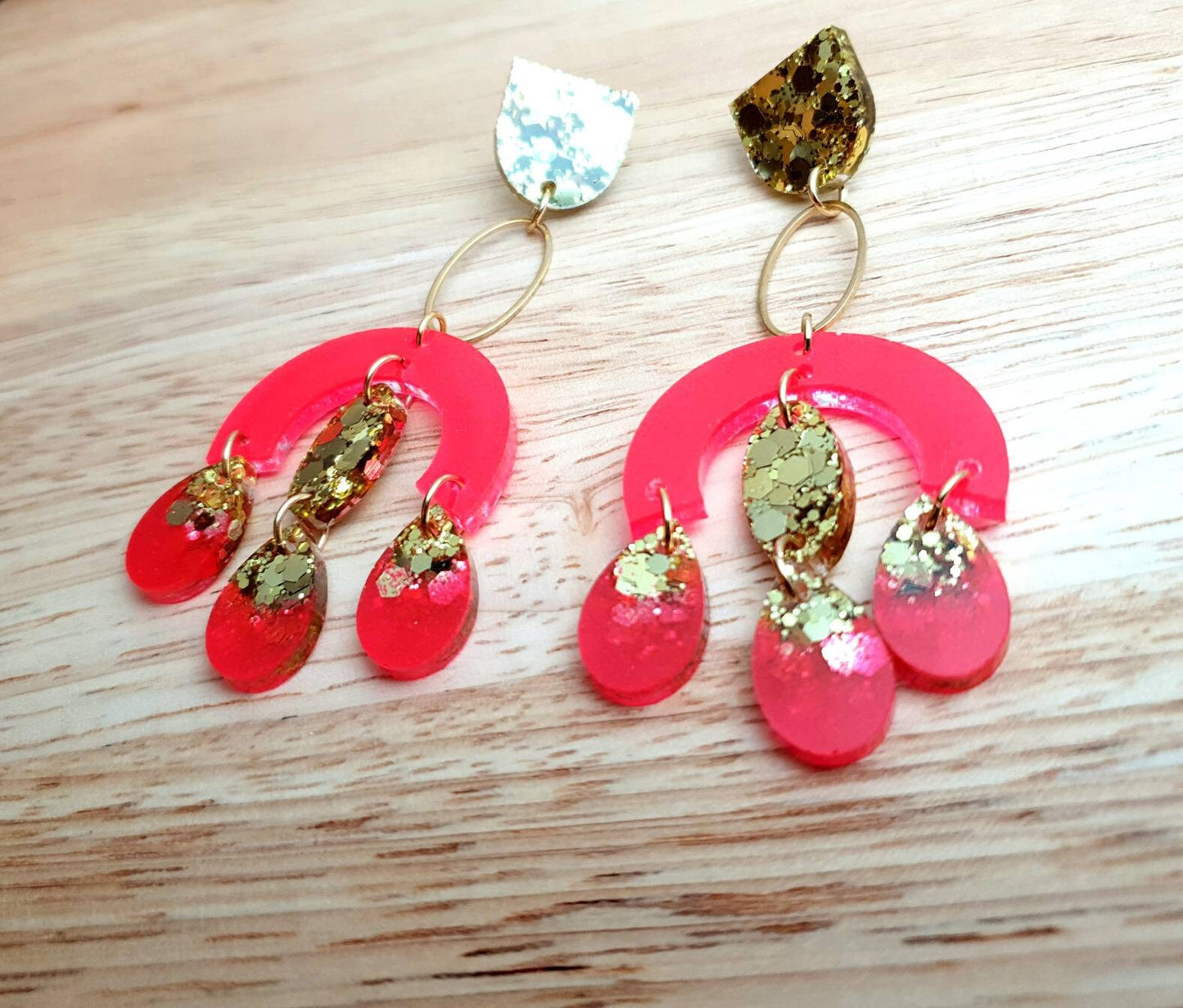 Large Oversized Neon Glitter Chandelier Dangle Earrings, Neon Hot Pink and Gold Glitter Dangles, Statement Long Earrings