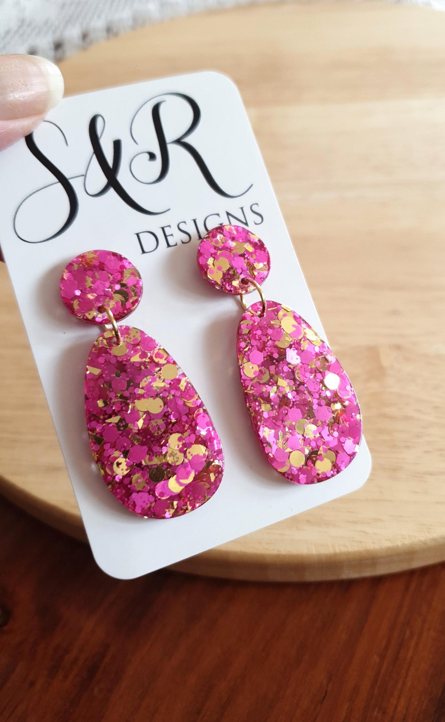 Oval Organic Shape Drop Glitter Earrings, Pink and Light Gold Mix Glitter, Resin Handmade, Stainless Steel. Statement Gift