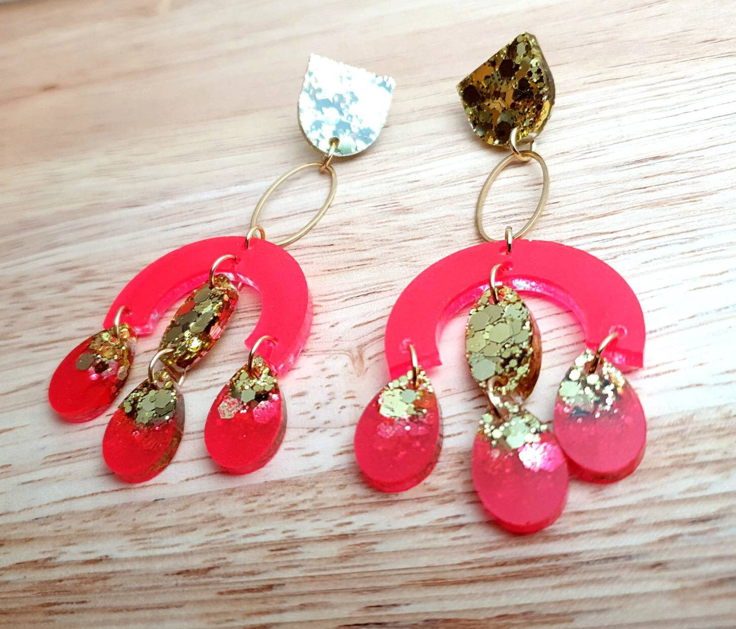 Large Oversized Neon Glitter Chandelier Dangle Earrings, Neon Hot Pink and Gold Glitter Dangles, Statement Long Earrings