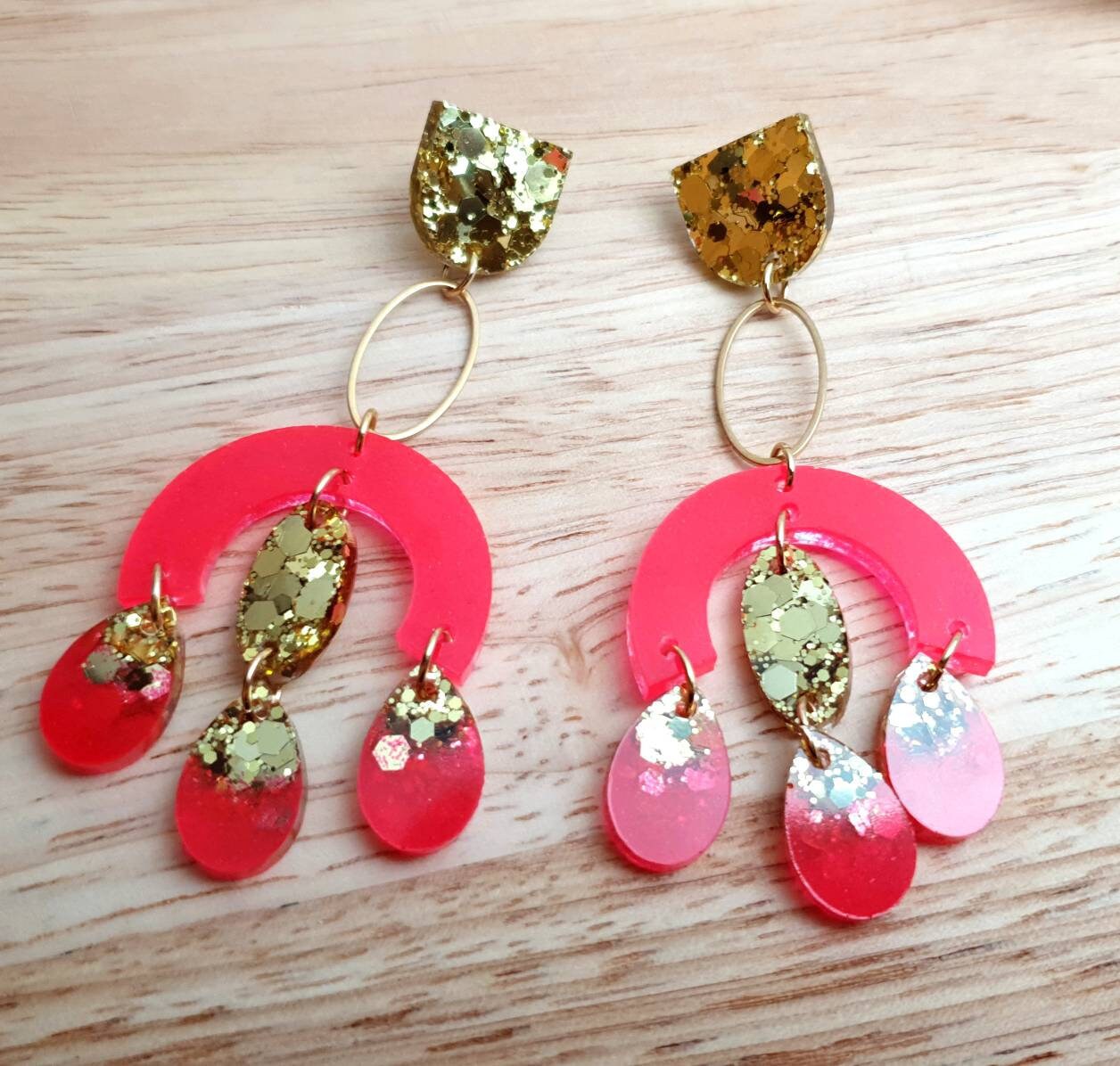 Large Oversized Neon Glitter Chandelier Dangle Earrings, Neon Hot Pink and Gold Glitter Dangles, Statement Long Earrings