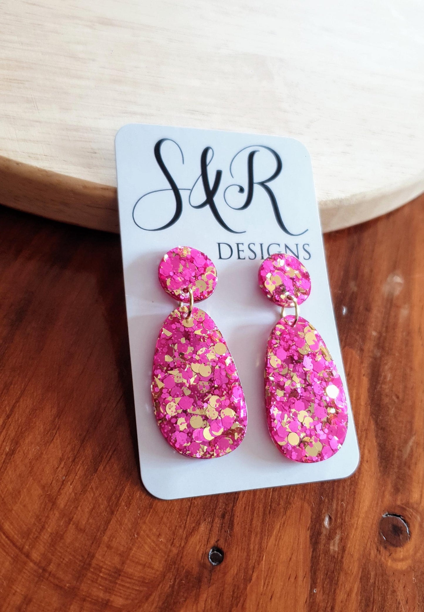 Oval Organic Shape Drop Glitter Earrings, Pink and Light Gold Mix Glitter, Resin Handmade, Stainless Steel. Statement Gift