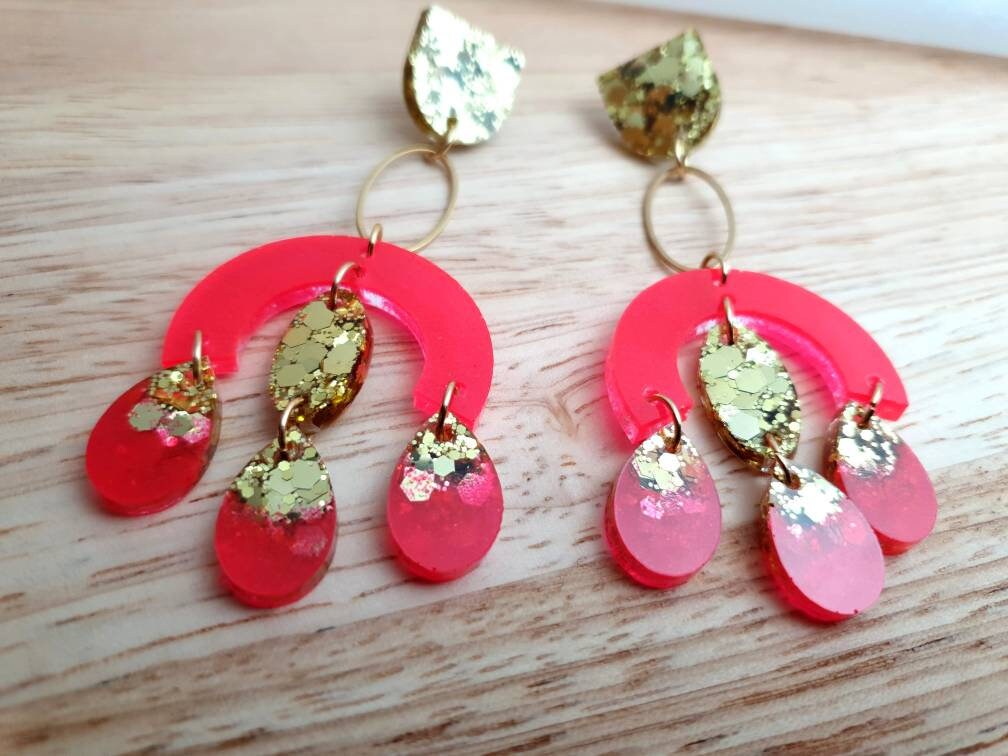 Large Oversized Neon Glitter Chandelier Dangle Earrings, Neon Hot Pink and Gold Glitter Dangles, Statement Long Earrings