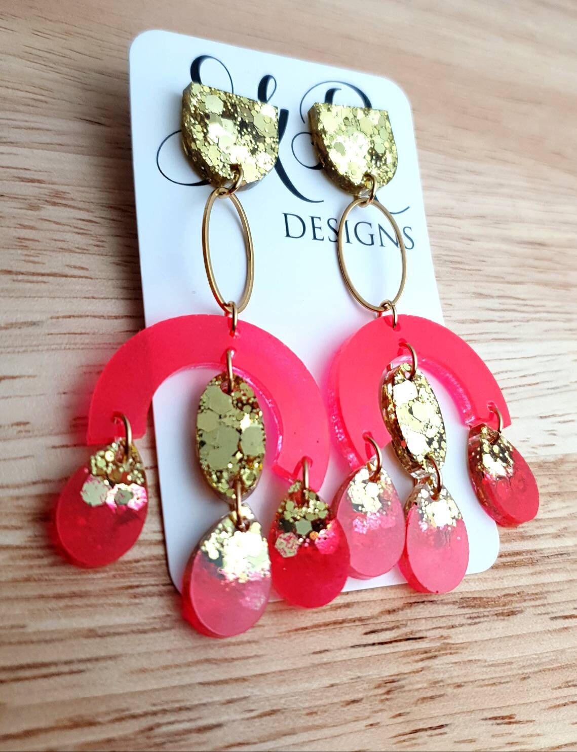 Large Oversized Neon Glitter Chandelier Dangle Earrings, Neon Hot Pink and Gold Glitter Dangles, Statement Long Earrings