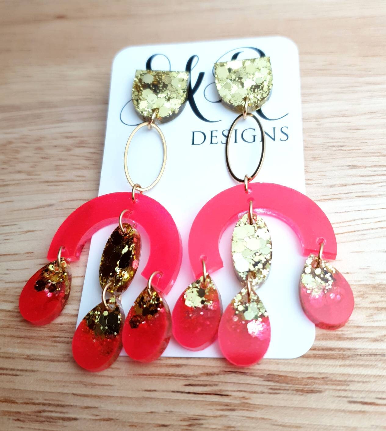 Large Oversized Neon Glitter Chandelier Dangle Earrings, Neon Hot Pink and Gold Glitter Dangles, Statement Long Earrings