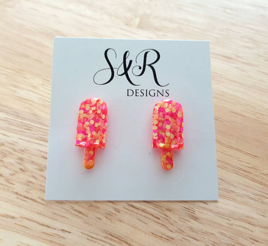 Neon Pink Yellow Icy Pole Stud Earrings, Pink Yellow Glitter Ice Cream Earrings, Statement Food Earrings