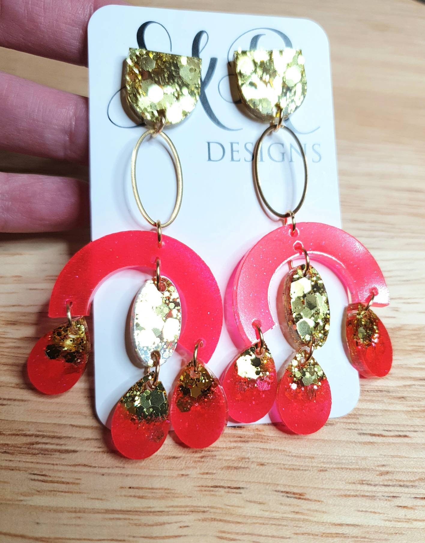 Large Oversized Neon Glitter Chandelier Dangle Earrings, Neon Hot Pink and Gold Glitter Dangles, Statement Long Earrings