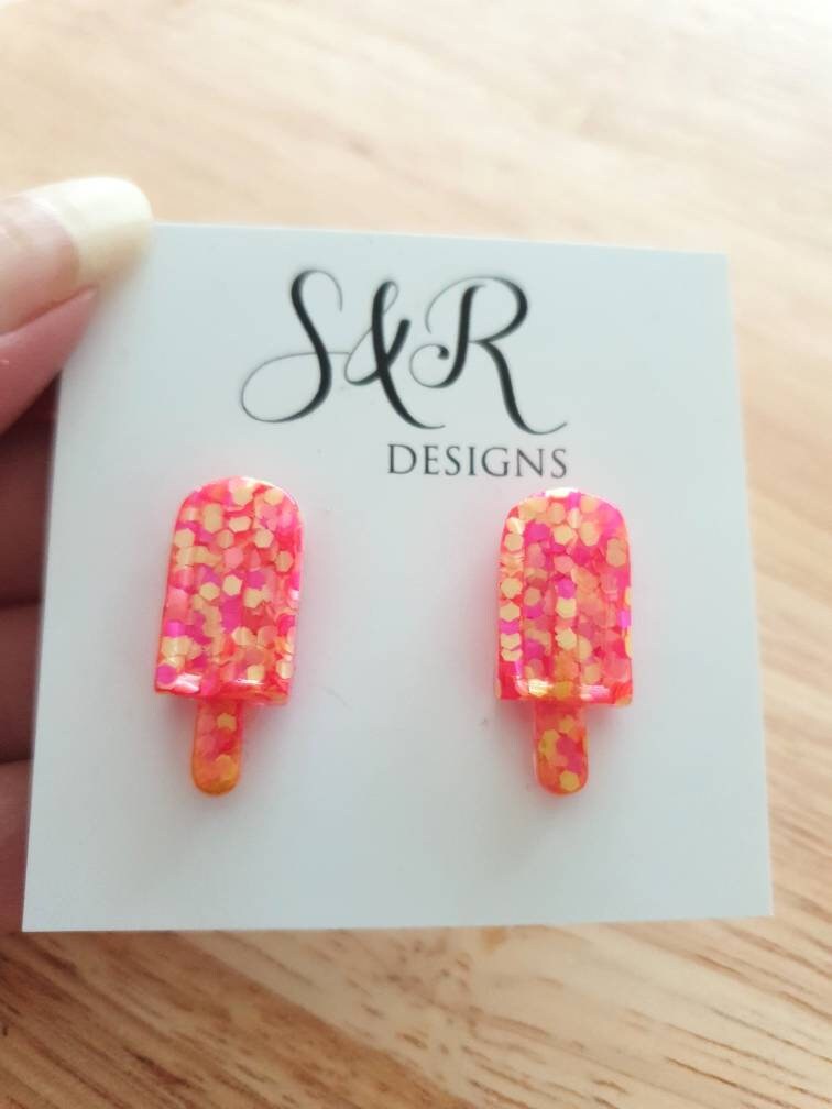 Neon Pink Yellow Icy Pole Stud Earrings, Pink Yellow Glitter Ice Cream Earrings, Statement Food Earrings