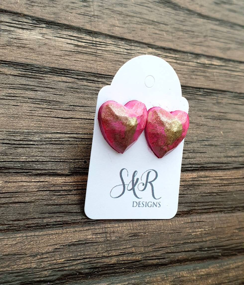 Faceted Heart Resin Stud Earrings, Pink Gold Earrings Stainless Steel 14mm Hearts