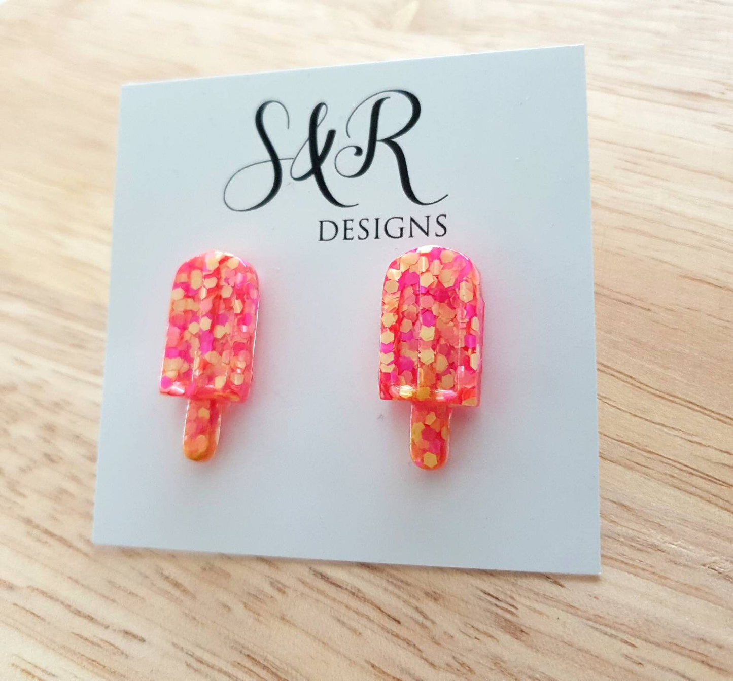 Neon Pink Yellow Icy Pole Stud Earrings, Pink Yellow Glitter Ice Cream Earrings, Statement Food Earrings
