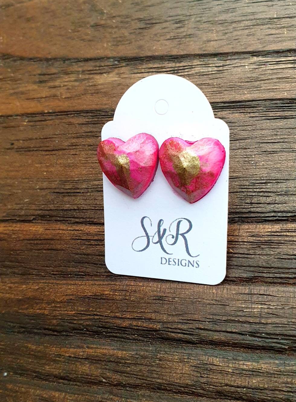 Faceted Heart Resin Stud Earrings, Pink Gold Earrings Stainless Steel 14mm Hearts