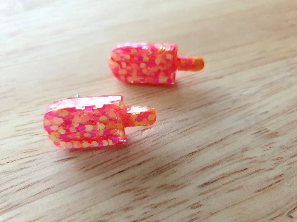 Neon Pink Yellow Icy Pole Stud Earrings, Pink Yellow Glitter Ice Cream Earrings, Statement Food Earrings