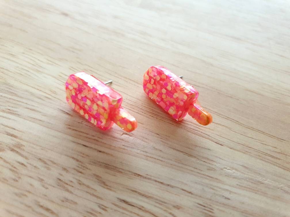 Neon Pink Yellow Icy Pole Stud Earrings, Pink Yellow Glitter Ice Cream Earrings, Statement Food Earrings