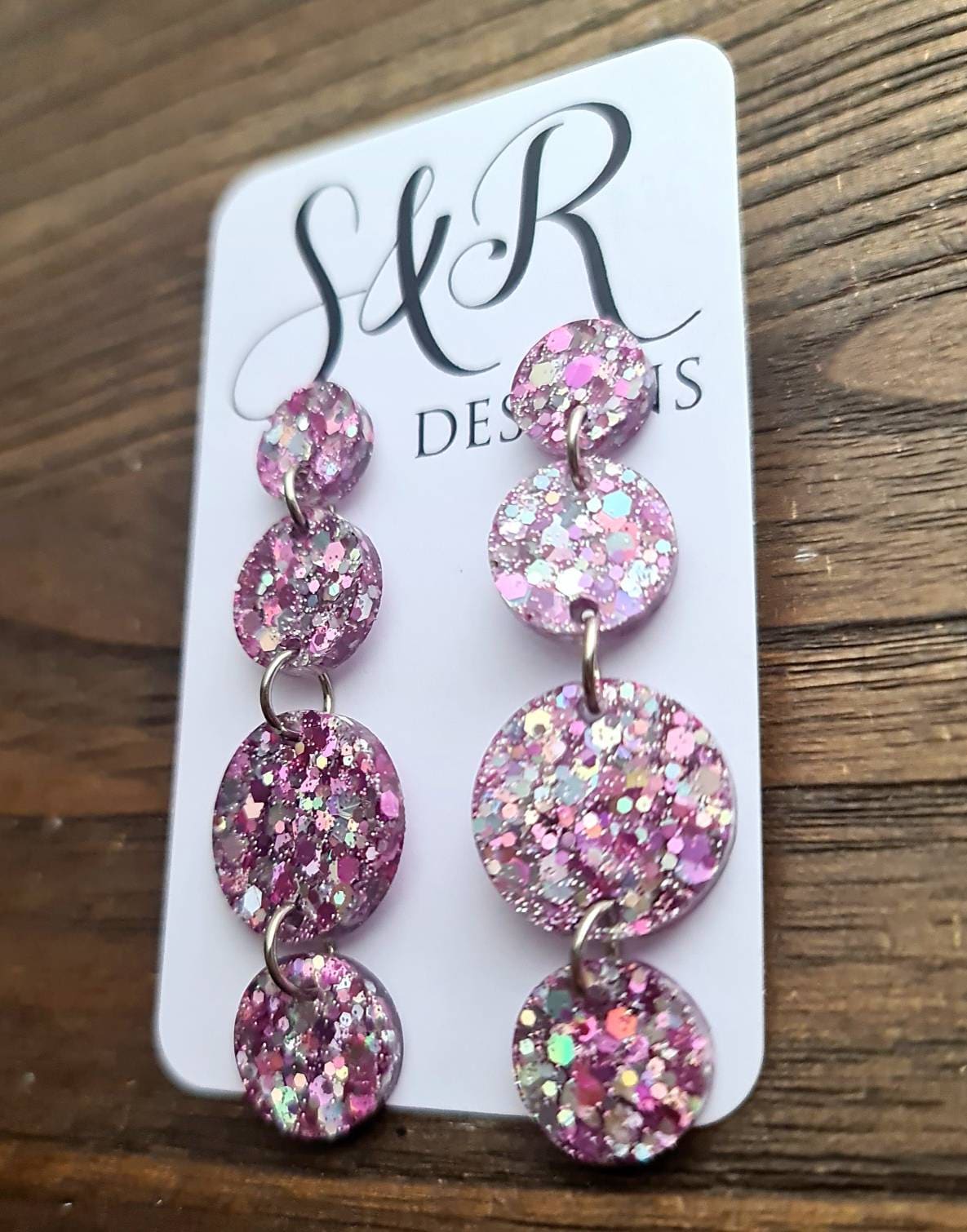 Pink Silver Holographic Long Circle Dangle Earrings, Statement Earrings, Pink Silver Holographic Glitter Dangle Stud Earrings