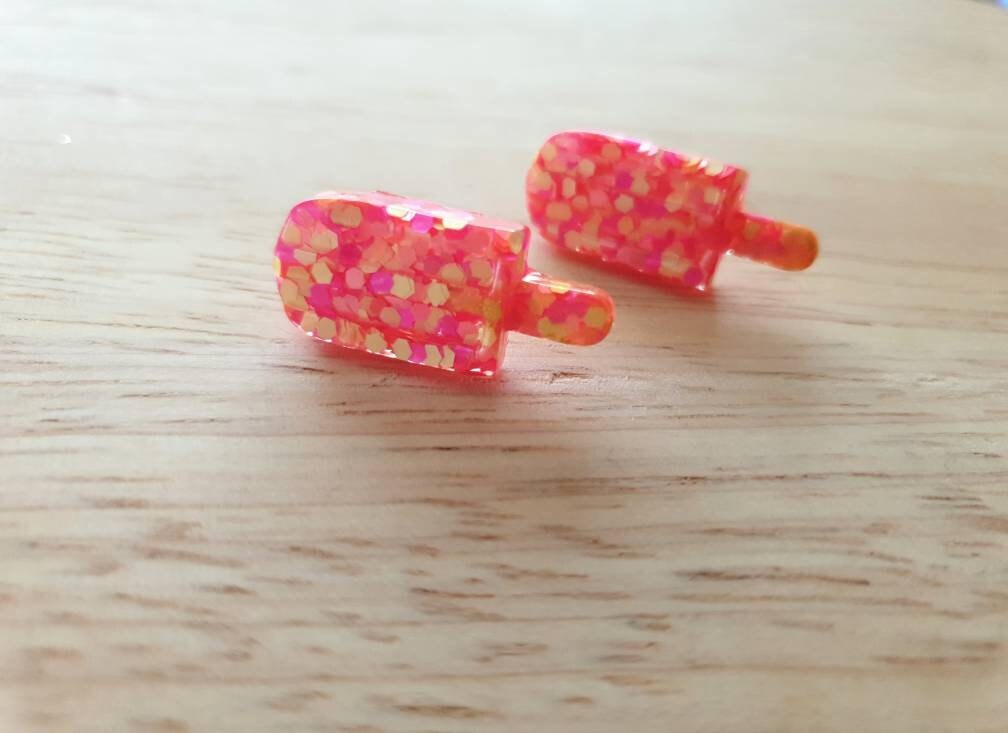 Neon Pink Yellow Icy Pole Stud Earrings, Pink Yellow Glitter Ice Cream Earrings, Statement Food Earrings