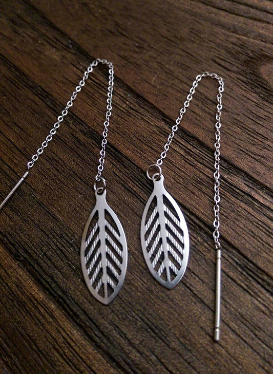 Leaf Filigree Stainless Steel Dangle Thread Earrings, Threader Earrings.