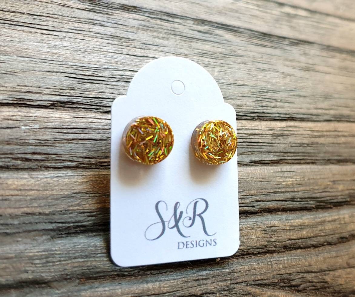 Circle Dot Resin Stud Earrings, Gold Holographic Glitter Earrings. Stainless Steel Stud Earrings. 8mm, 10mm, 12mm or 15mm