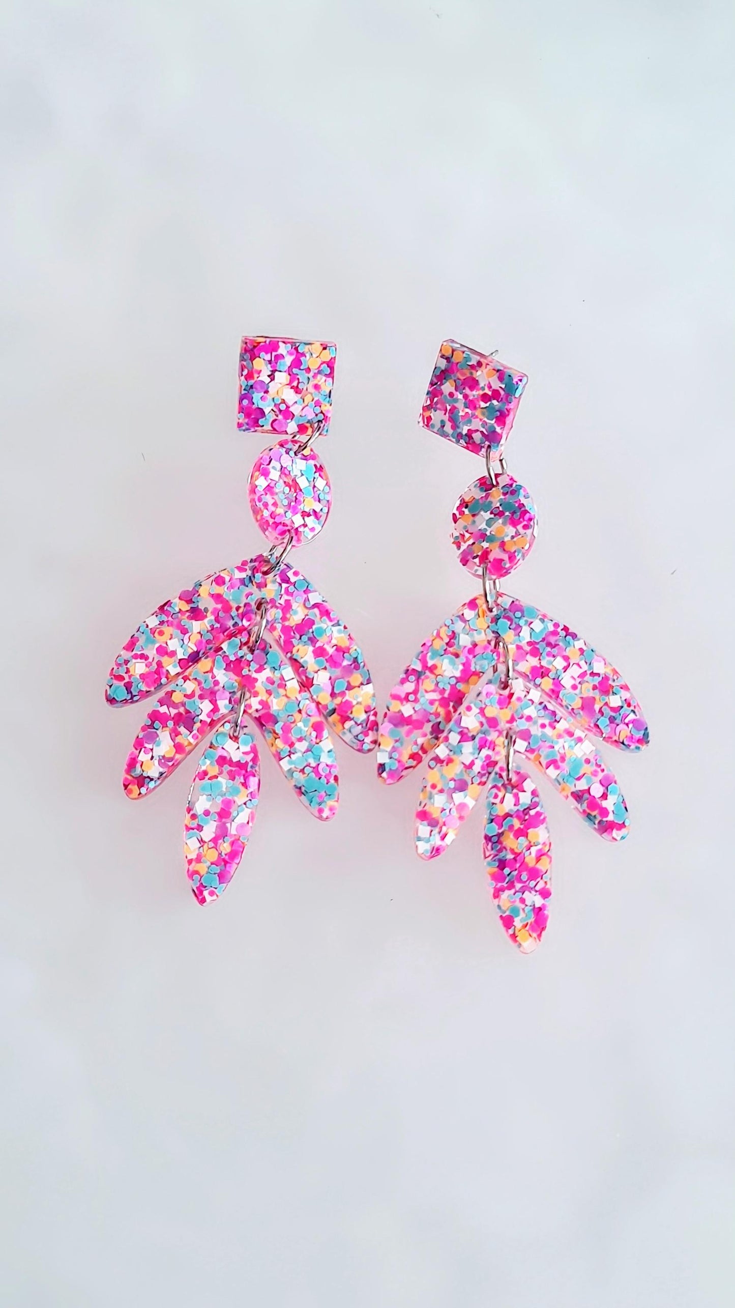 Glamour Pink Mix Leaves Long Drop Earrings. Pink Orange Aqua White Mix glitter resin dangles, Statement Chandelier made with Stainless Steel