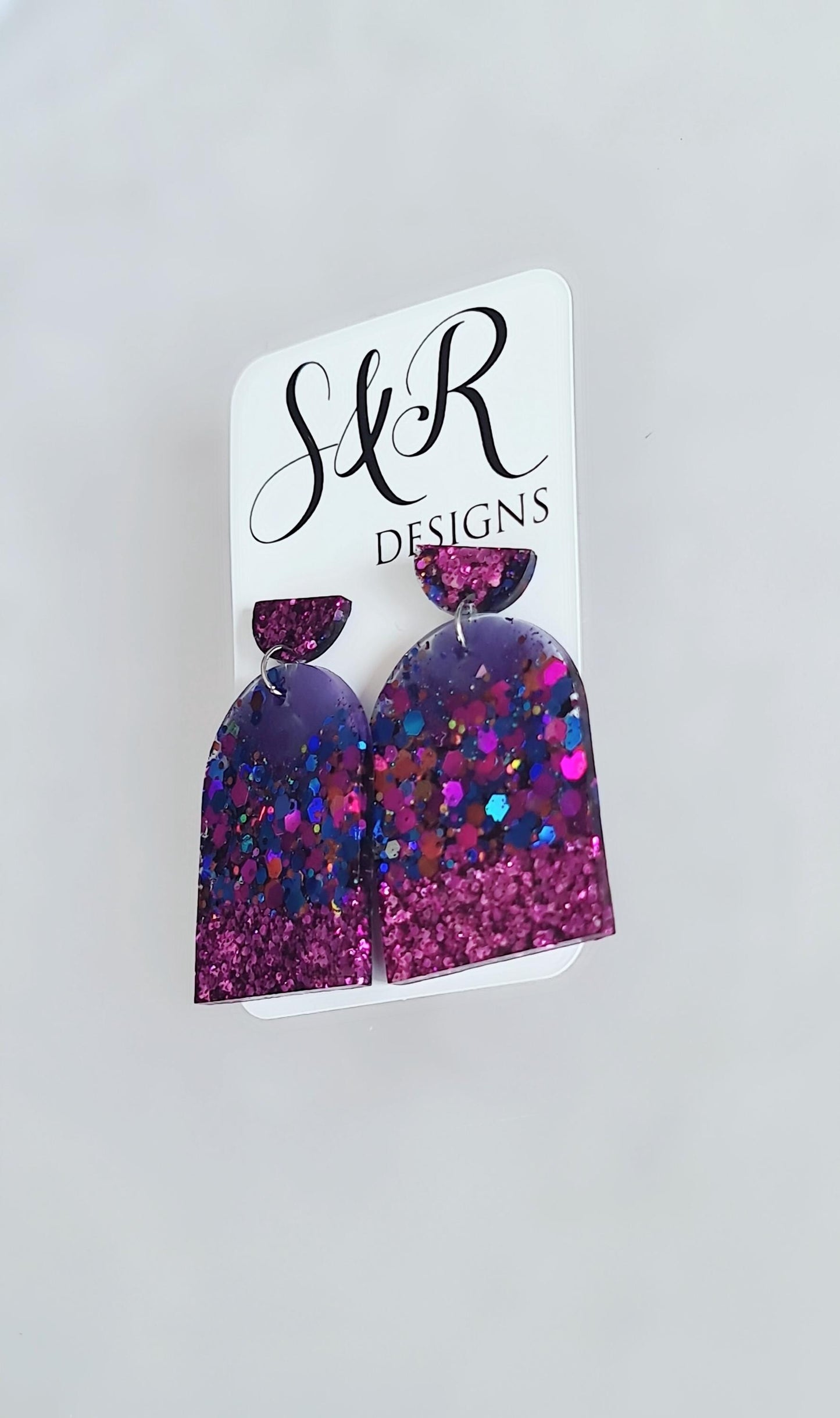 Purple Mix Drop Post Earrings, Glamour Glitter Arch Dangles, Purple Mix Chunky Glitter Handmade Resin, Statement Earrings