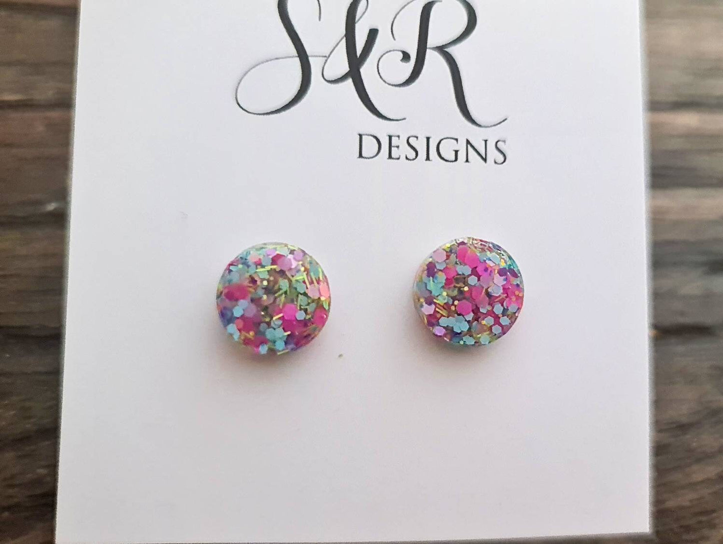 Circle Dot Resin Stud Earrings, Pastel Mix Glitter Earrings, Stainless Steel Studs. 15mm, 12mm, 10mm or 8mm