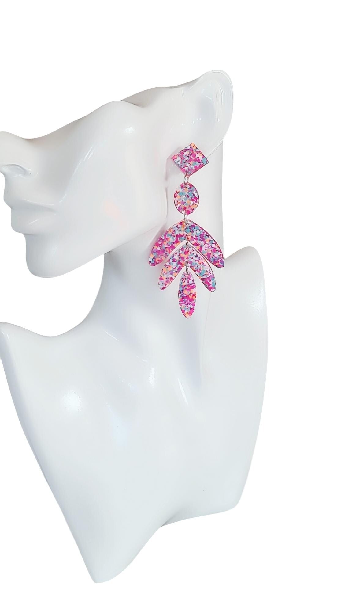 Glamour Pink Mix Leaves Long Drop Earrings. Pink Orange Aqua White Mix glitter resin dangles, Statement Chandelier made with Stainless Steel