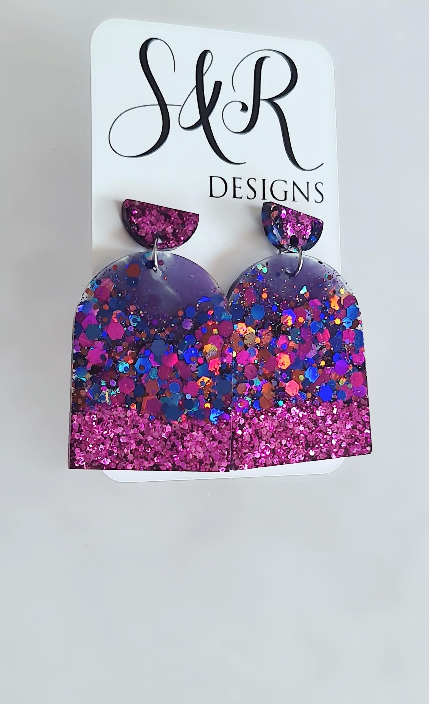Purple Mix Drop Post Earrings, Glamour Glitter Arch Dangles, Purple Mix Chunky Glitter Handmade Resin, Statement Earrings