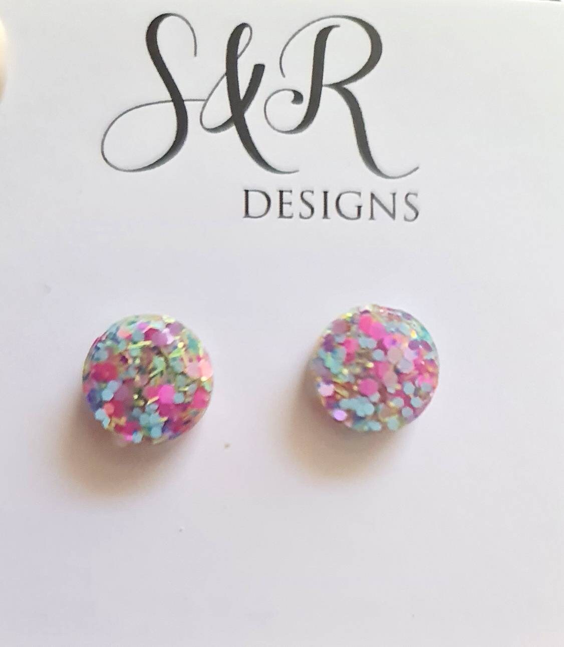 Circle Dot Resin Stud Earrings, Pastel Mix Glitter Earrings, Stainless Steel Studs. 15mm, 12mm, 10mm or 8mm