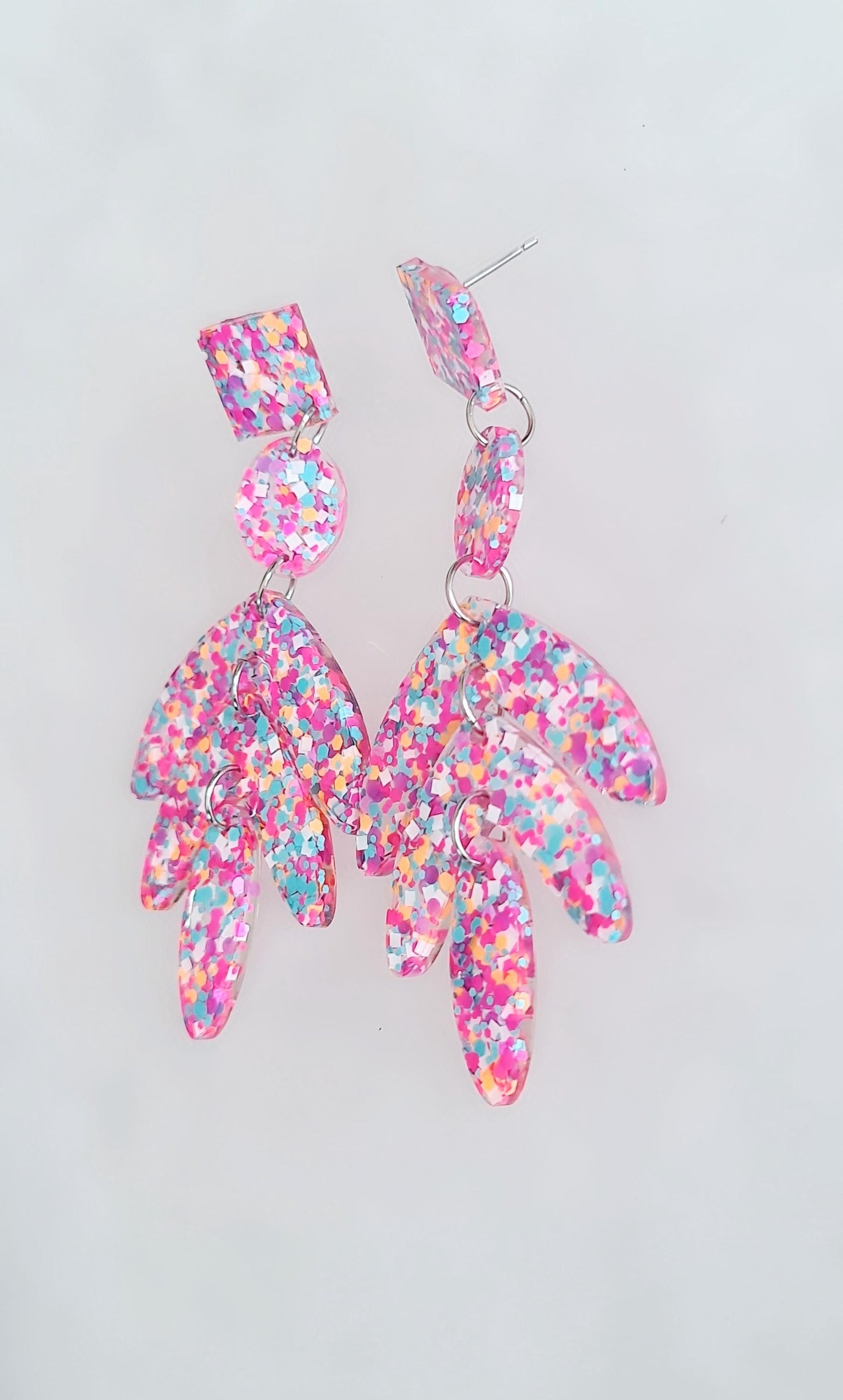 Glamour Pink Mix Leaves Long Drop Earrings. Pink Orange Aqua White Mix glitter resin dangles, Statement Chandelier made with Stainless Steel