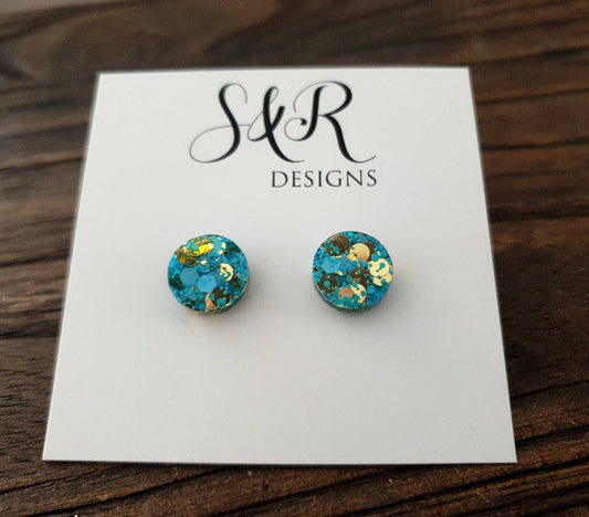 Blue Gold Circle Dot Resin Stud Earrings, Blue and Gold Mix Glitter Earrings. Stainless Steel Stud Earrings. 12mm, 10mm or 8mm