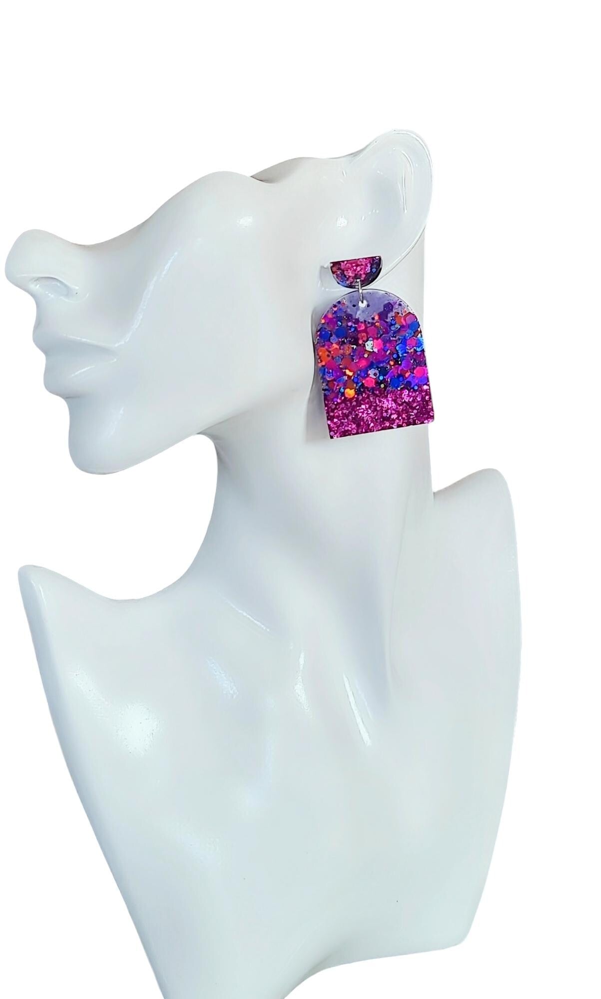 Purple Mix Drop Post Earrings, Glamour Glitter Arch Dangles, Purple Mix Chunky Glitter Handmade Resin, Statement Earrings