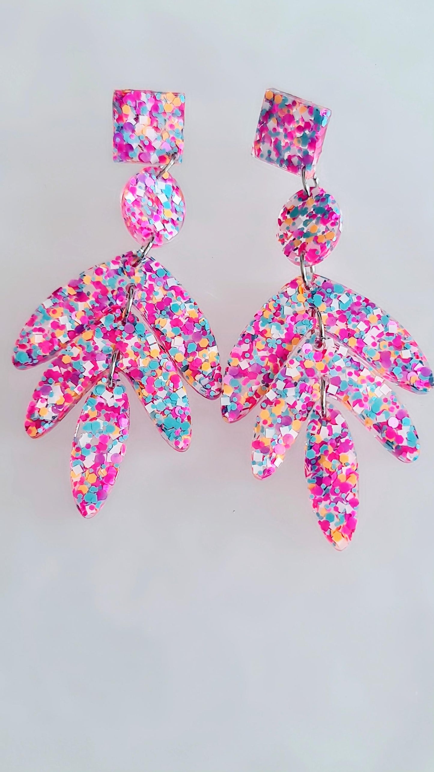 Glamour Pink Mix Leaves Long Drop Earrings. Pink Orange Aqua White Mix glitter resin dangles, Statement Chandelier made with Stainless Steel