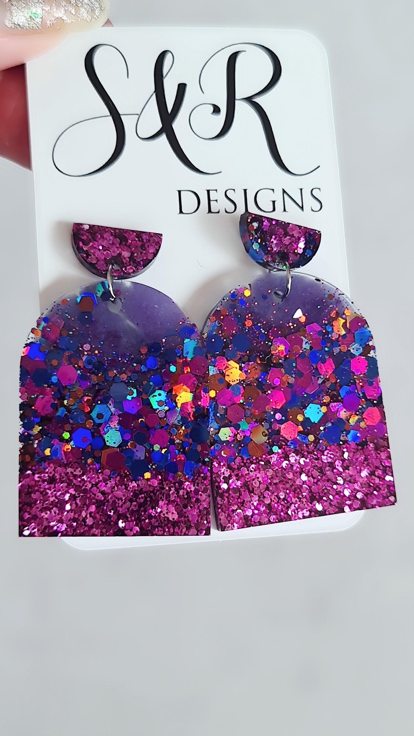Purple Mix Drop Post Earrings, Glamour Glitter Arch Dangles, Purple Mix Chunky Glitter Handmade Resin, Statement Earrings