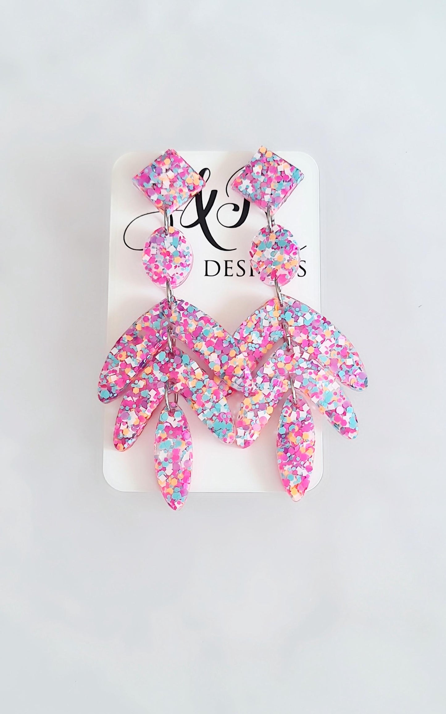 Glamour Pink Mix Leaves Long Drop Earrings. Pink Orange Aqua White Mix glitter resin dangles, Statement Chandelier made with Stainless Steel