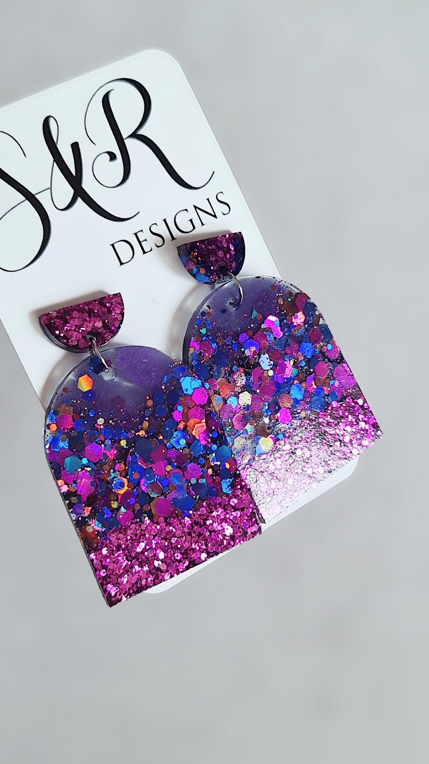 Purple Mix Drop Post Earrings, Glamour Glitter Arch Dangles, Purple Mix Chunky Glitter Handmade Resin, Statement Earrings