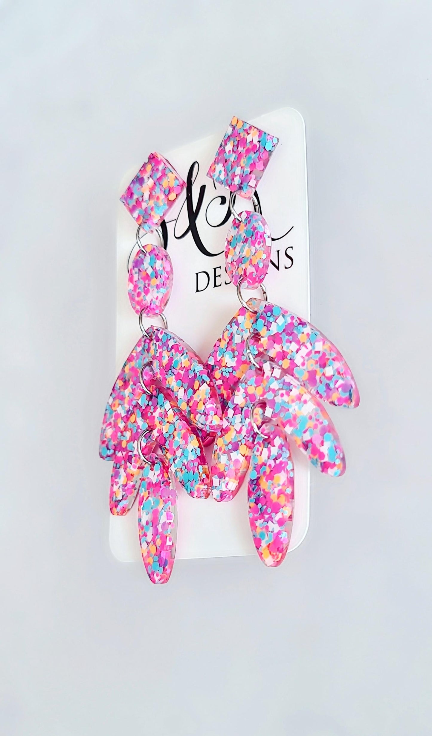 Glamour Pink Mix Leaves Long Drop Earrings. Pink Orange Aqua White Mix glitter resin dangles, Statement Chandelier made with Stainless Steel