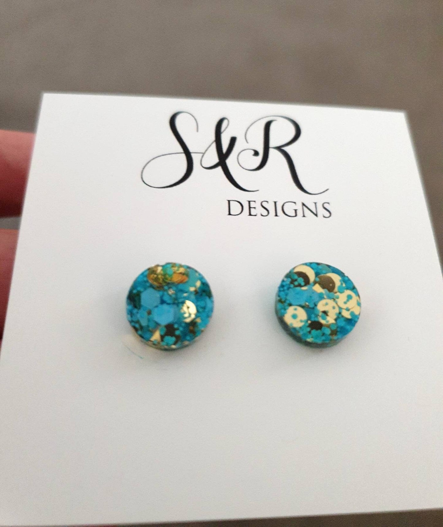 Blue Gold Circle Dot Resin Stud Earrings, Blue and Gold Mix Glitter Earrings. Stainless Steel Stud Earrings. 12mm, 10mm or 8mm