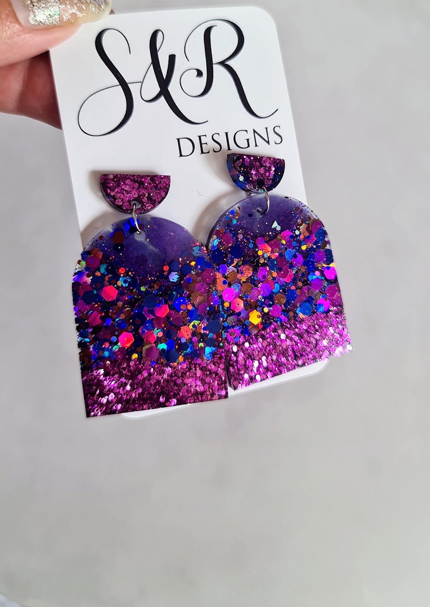 Purple Mix Drop Post Earrings, Glamour Glitter Arch Dangles, Purple Mix Chunky Glitter Handmade Resin, Statement Earrings