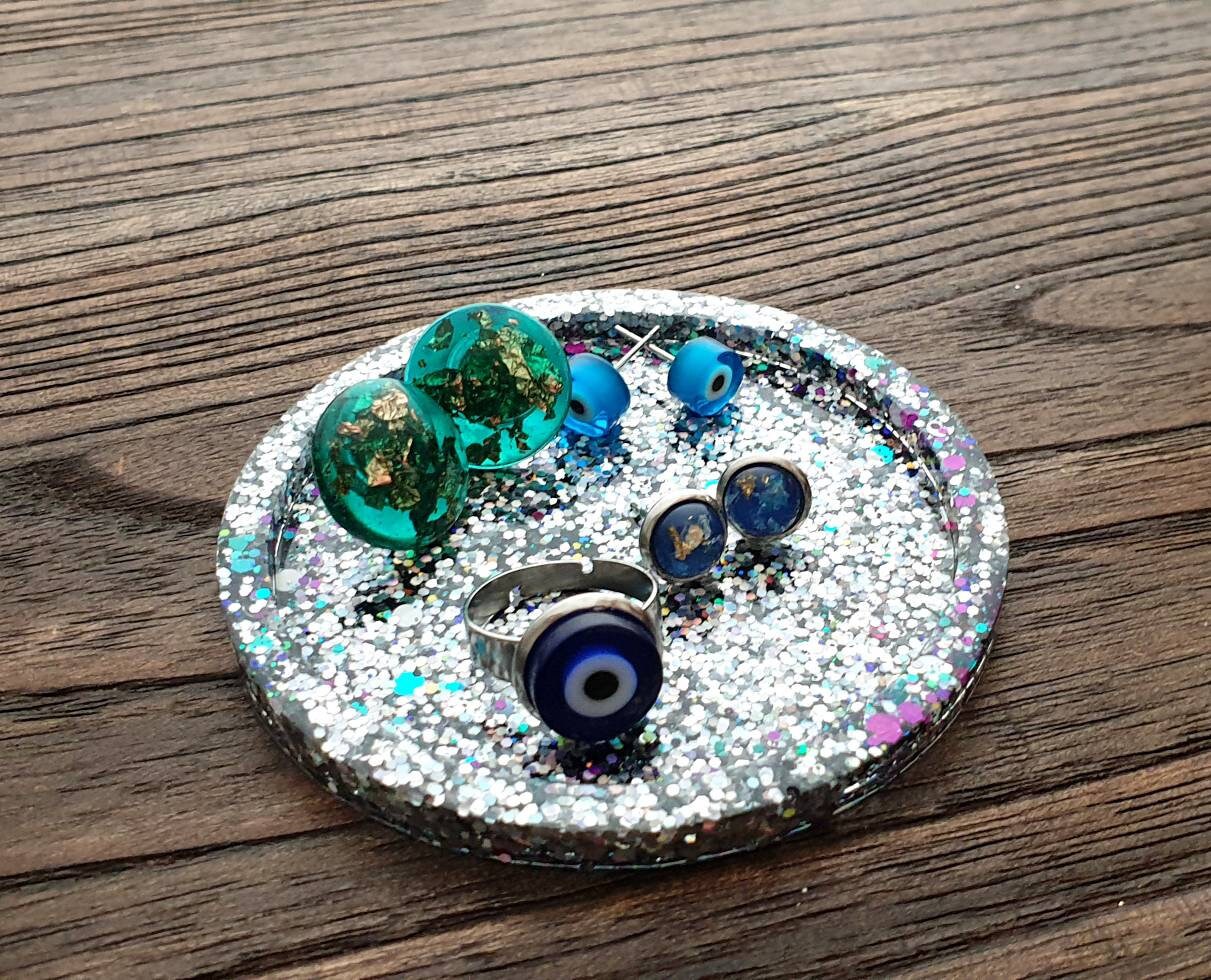 Resin Trinket Ring Dish, Coaster Silver Holographic Glitter Mix
